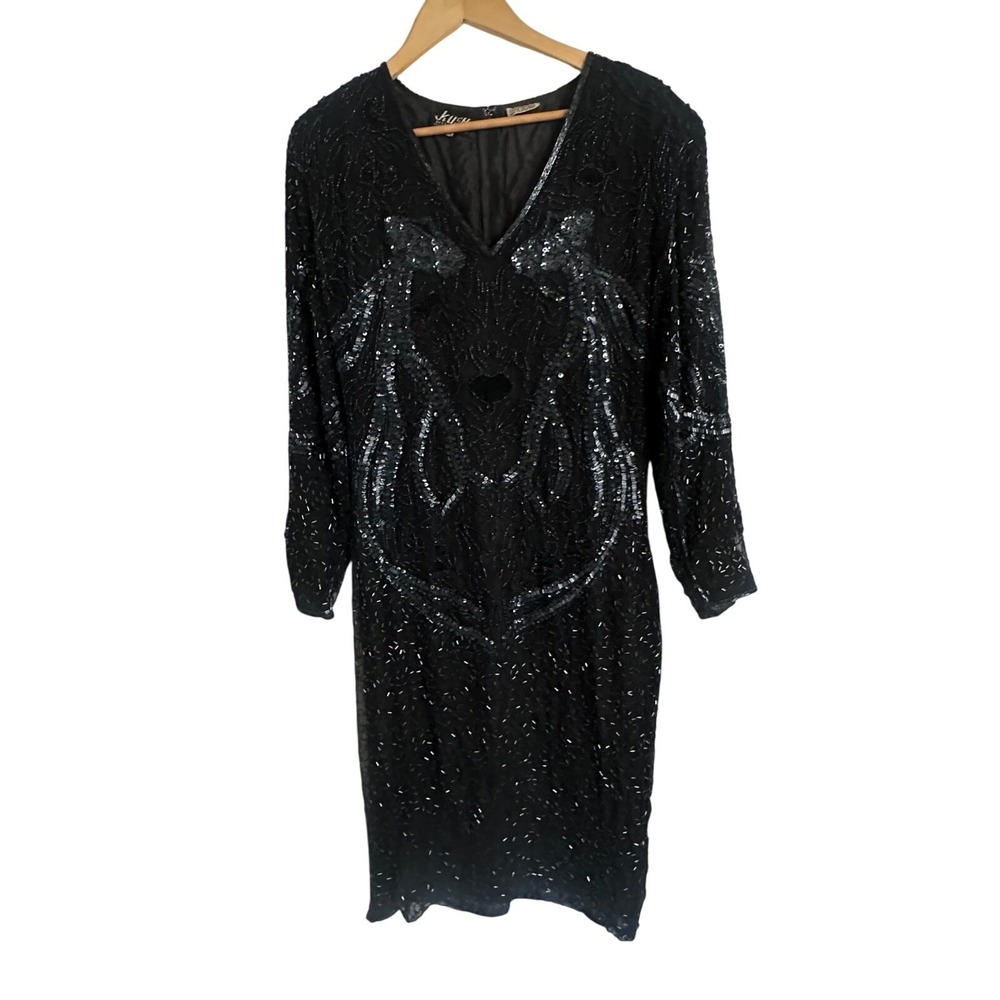 Kush by S&N Fashions VTG Black Beaded Sequin 100% Silk Dress Women XL India